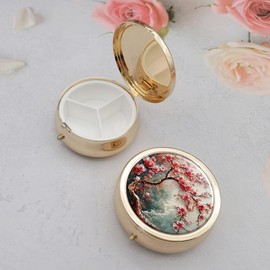 Pill Case Pill Box,3 Compartment Small Pill Organizer for Purse or Pocket Golden Small Roud Pill Container Pill Holder Travel Gifts Cherry Blossom