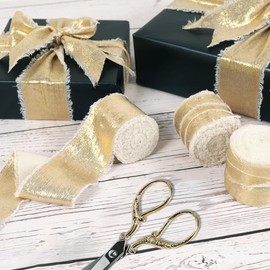 Fringe Chiffon Ribbon 3 Rolls 1.5” x 5.5 Yards, Champagne Gold Chiffon Ribbon Shimmery Silk Ribbon Frayed Edge, Fabric Ribbon for Gift Wrapping Wedding Crafting Bridal Flower Bouquets Baby Shower