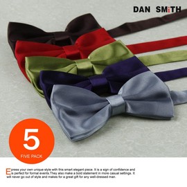 DAN SMITH Bowtie For Mens Multi-Color Satin Solid Pretied Bow Ties 25.6"-Neck-Size Clip-On Adjustable Set Of Exotic Style DBF2001 Yellow Green,Dark Red,Root Beer,Dark Slate Gray,Indigo
