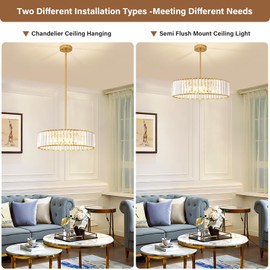 YURNYQ Gold Crystal Chandelier for Dining Room, 6-Light Modern Semi Flush Mount Chandelier Lighting Fixtures, Round Kitchen Hanging Drum Pendant Lights Ceiling for Living Room Bedroom Foyer, 19.6 Inch