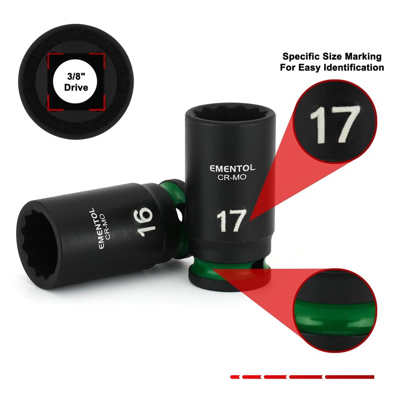 EMENTOL 3/8" Drive Impact Socket Set, Semi-Deep Sockets, 13 Pieces,