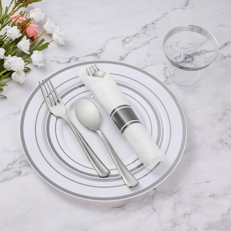 Goodluck 350 Piece Silver Plastic Dinnerware Set for 50 Guests,