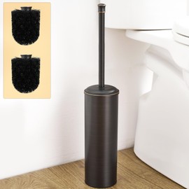 BESy Toilet Brush and Holder, Toilet Cleaner Bowl Set with Two Brush with Extra Long Handle, Durable Bristles Toilet Scrubber and Covered Holder, Drip-Proof Stainless Steel Oil Rubbed Bronze