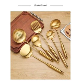 Premium 7-Piece Gold Kitchen Utensil Set with Stand, Stainless Steel Cooking Tools- Dishwasher Safe Ladle, Spoon, Spatula, Pasta Fork, Luxury Brass Kitchen Accessories for Home Chefs (Gold)