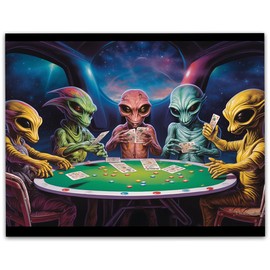 Alien Poker Night - Unframed 11x14 Poster - UFO Aesthetic, Extraterrestrial Humor, & Aliens Playing Poker - Sci-Fi Art for Your Game Room, Man Cave, Bar, or Game Table Area - Funny Casino-Themed Decor
