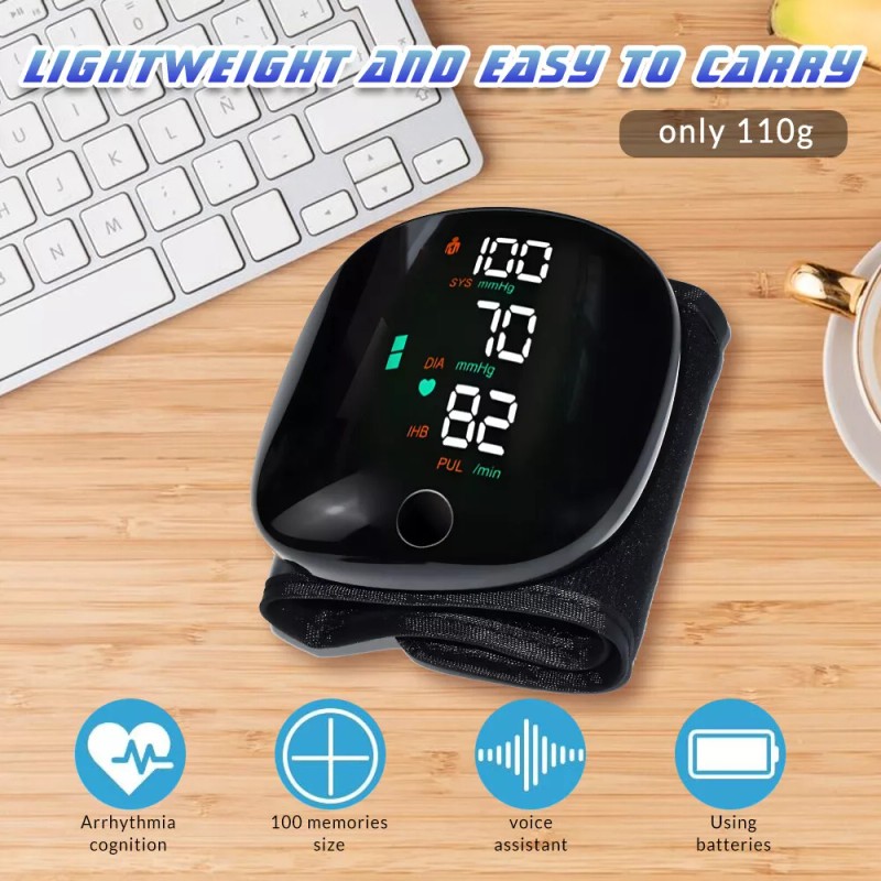 LED Blood Pressure Monitor Wrist Rechargeable Voice Broadcast Heart Rate