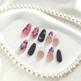 Medium Press on Nails Almond Fake Nails with Leopard Flower Designs White French Tip Nails Press ons Nude False Nails Glossy Glue on Nails Purple Acrylic Nails Spring Stick on Nails for Women 24Pcs