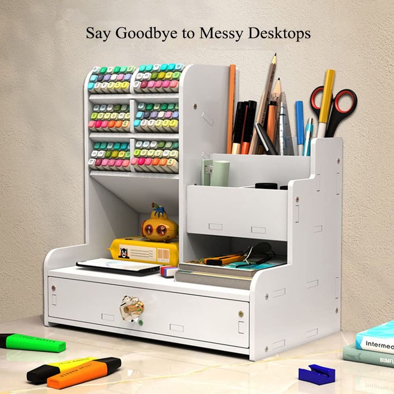 Hggzeg Desk Organiser with Drawer, Multi-Purpose Pen Holder, Stationery Desk