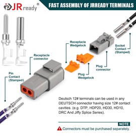 JRready Deutsch DTP Connector Terminal Kit Size 12, Male Pins 1060-12-0166 / Female Sockets 1062-12-0166 Open Barrel Style Contacts for Wire Gauge 12-14 AWG, ST6254-100 Stamped & Formed Contacts