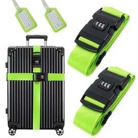 Pack of 2 Suitcase Strap with 2 Luggage Tags, Adjustable Suitcase Strap with Combination Lock, Suitcase Strap Eye-catching for Quick Recognition Luggage Travel Bag Suitcase (Green)