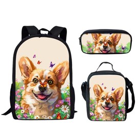 HUGS IDEA Funny Corgi Backpack Kids Primary School Bookbags with Insulated Lunch Bag Pencel Case Set for Elementary Preschool