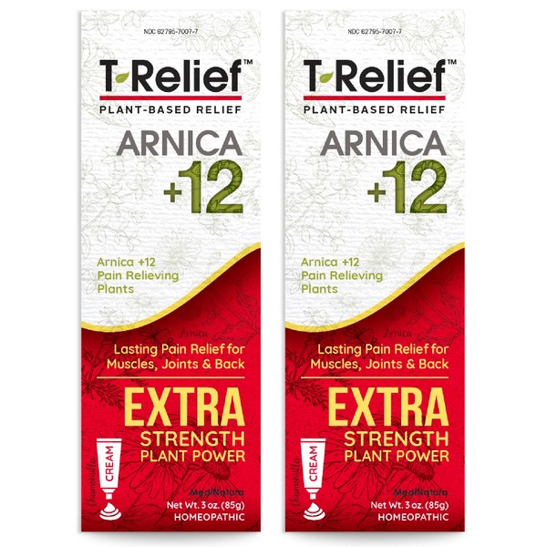 MediNatura T-Relief Extra Strength Cream Arnica +12 Natural Relieving Actives for Back Pain Joint Soreness Muscle Aches & Stiffness, Whole Body Fast Acting Relief for Women & Men - 3 oz (2 Pack)