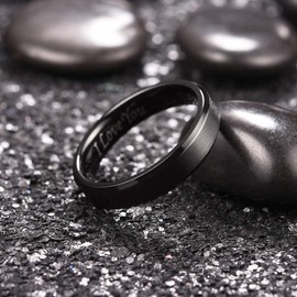 King Will 316L Stainless Steel Wedding Ring for Men Women- 5mm Width Black Wedding Band Laser I Love You Matte Finish & Polished Beveled Edge Style Comfort Fit Size 12.5