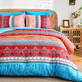 LXWORX Boho Comforter Set Queen - 7 Pieces Bed in a Bag, Bohemian Striped Comforter Set with Sheets, Soft Microfiber Colorful Floral Bedding Set for All Season
