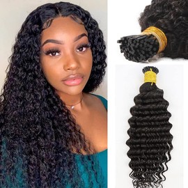 Deep Wave I Tip Hair Extensions Human Hair Extensions Natural Black Microlink #1B 26 Inch Keratin Stick Tipped Hair Extension for Women Real Remy Hair Extension 50gram 50Strands/Pack