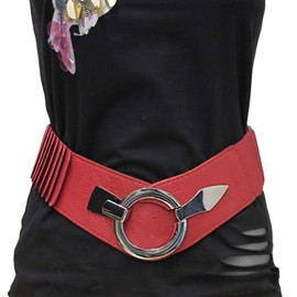 Glamexx24 Women's Elastic Waist Belt 6 cm Wide Waist Belt with Silver Ring, red