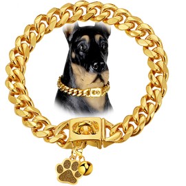 LuxLife Dog Chain Collars Cuban Link Dog Collar 12mm with Secure Snap, Bell & Dog Tag Stainless Steel Metal 18K Gold Chain Dog Collar for Puppy Small Medium Large Dogs (22")