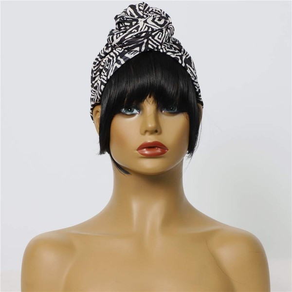 OYSRONG Short Black Color Straight Headband Afro Wig With White Headband Attached Straight Wigs With Turban Head-wrap Wig