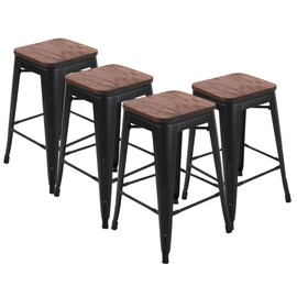 26" Backless Metal Counter Stool Height Bar Stools [Set of 4] Barstools with Wooden Seat, Matte Black