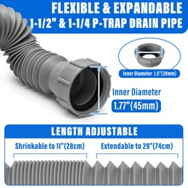 Cinsda 1-1/2" & 1-1/4" P-trap with Adapter, Flexible Sink Drain Pipe, Adjustable P Trap for Bathroom Sink Drain Kit, Kitchen Garbage Disposal, Gray-2Pack