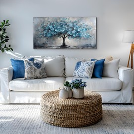 crmotu Tree of Life Large Wall Art for Living Room, Cherry Blossom Abstract Canvas Art Prints, Blue Flowers Tree Pictures Wall Decor, Nature Plant Modern Bedroom Bathroom Office Decor 24"X48"