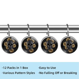 Black Skull with Gold Roses Shower Curtain Hooks Set of 12 Rustproof Metal Decorative Shower Hooks for Curtains Rods Shower Curtain Rings for Bathroom Living Room Bedroom