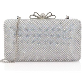 Dexmay Rhinestone Crystal Clutch Purse with Bow Clasp Evening Bag for Wedding Party Iridescend Silver