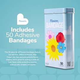 BioSwiss Vendas autoadhesivas con forma de flores, sin látex, estériles, para el cuidado de heridas, divertidos suministros de botiquín de primeros auxilios para niños y adultos, 50 unidades
