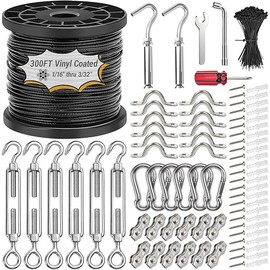 1/16" Wire Rope Kit with 300FT Vinyl Coated 304 Stainless Steel Wire Rope with M5 Turnbuckle, 7x7 Strand Core Tensioner Kit for String Light Hanging, Garden, Clothes Line and Plant Climbing