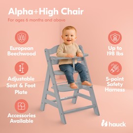hauck Alpha+ Grow Along Solid Beechwood Boosted Highchair with Adjustable Seat, 5 Point Safety Harness, and Bumper Bar for Infants and Toddlers, Grey