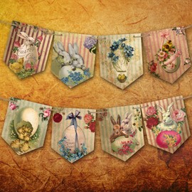 Vintage Easter Decorations Easter Banner, Easter Bunting Easter Gifts for Kids with Cute Bunny and Egg Pattern, Easter Decorations Home Easter Garland for Fireplace Indoor Outdoor Easter Party