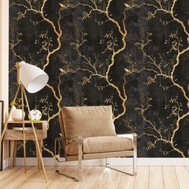 LaiTique Black and Gold Wallpaper – Tree Peel and Stick Wallpaper, Self-Adhesive Vinyl with Elegant Branch and Bird Design for Luxe or Art Deco Decor, 17.7in x 118in