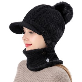 WANYIG 3-in-1 Knitted Hat Scarf Set for Women Winter Hat with Neck/Bobble Knitted Balaclava for Women Blaclava Winter with Soft Inner Lining for Outdoor Use, 07 Black