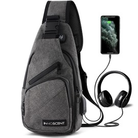 INNOSCENT Smell Proof Sling Bag Backpack - COMBINATION LOCK - Shoulder Crossbody Bag With USB/Headphone Charging Port Black (Light Grey)