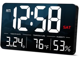 MASHI 11" Digital Clock with Large Display,Calendar Day and Date,DST,Dual Alarms,Humidity,Temperature for Desk, Wall Mounted, Living Room, Bedroom, Gift for Elderly (Black Case White Light)
