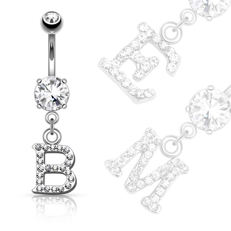 Dynamique 14GA Sparkly Clear Gem Paved Initial Dangle Belly Button