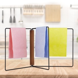 Relaxdays Dish Cloth Holder, 3 Rails, Foldable, Metal & Wood, H x D: 25 x 27 cm, Kitchen Sink Cloth Holder, Black/Brown