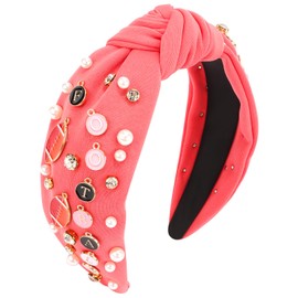 Vovii Football Headband for Women, Knotted Pearl Rhinestone Jeweled Headband for Football Mom Fans, Football Headbands Hair Accessories Game Day Outfits for Women (Watermelon Red)