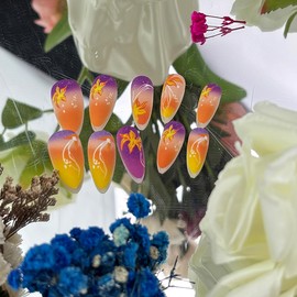 24Pcs Orange Flower Press on Nails Medium Almond Fake Nails Purple Orange Gradient Full Cover French False Nails Spring Summer Glue on Nails Artificial Floral Acrylic Nails Fall Nails for Women DIY