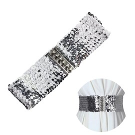 SamHeng Women Wide Sequin Belt Glitter Elastic Stretchy Waistband Cinch Belt Metal Buckle for 80s Costume Party Disco Party, Silver
