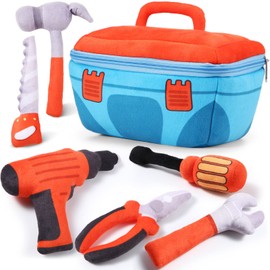 7 Pcs My 1st Toolbox Playset Stuffed Construction Tools Plush Toy Including Drill, Screwdriver, Handsaw, Hammer, Wrench, Plier and Zippered Tool Box for Toddlers Kids Birthday Party Favor