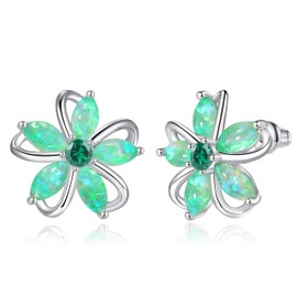 CiNily Flower Earrings, Opal Stud Earrings for Women 14K White Gold Plated Ladies Flower Stud Earrings Cute Unique Earrings Green Opal Earrings for Women