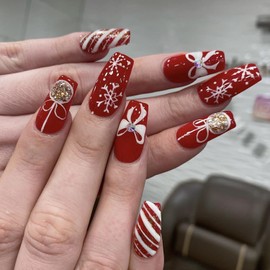 Christmas Press on Nails with White Snowflake Bow Diamond Design, Red White Stripes Fake Nails French Nails Press ons Cute Snow Bow Stick on Nails Artificial Nails Finger Manicure for Women 24pcs