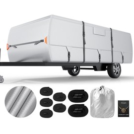 Nukugula Anti-UV Pop Up Folding Camper Cover Upgraded Ripstop Fit 8'-10' with Storage Bag, Waterproof Breathable Trailerable Tent Trailer Cover with Windproof 5+2 Straps