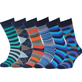 Easton Marlowe Fun Socks for Men - Colorful Mens Dress Socks - Cotton Patterned Fashion Socks - Dark Navy Blue Teal Orange 6 Pack #17 Size 10-13 Mens Gifts Stocking Stuffers
