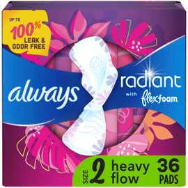 Always Radiant Feminine Pads for Women, Flexfoam Pads with Wings, Size 2, Heavy Absorbency, Lightly Scented, 36 Count (Packaging May Vary)