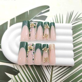 Long Press on Nails Square Fake Nails with Butterfly Rhinestones Lines Designs Green French Tip Nails Press ons Glossy Glue on Nails Glitter Acrylic Nails Nude Pink Stick on Nails for Women 24 Pcs