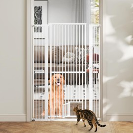 Giantex 59'' Extra Tall Pet Gate for Large Dogs & Cats, Adjustable 30.5''–41'' Wide Dog Gate with Small Pet Door, Extension Kits, Pressure or Hardware Mount, Jump-Proof Indoor Barrier, White