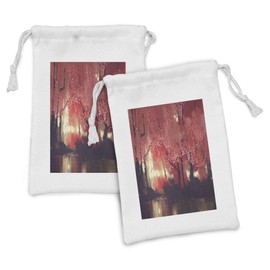 Ambesonne Nature Fabric Pouch Set of 2, Enchanted Mist Forest with Shady Autumn Trees at Night Paint Artwork, Small Drawstring Bag for Toiletries Masks and Favors, 9" x 6", Brown and Ruby