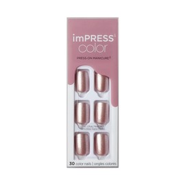 KISS imPRESS Color Press-On Manicure, Gel Nail Kit, PureFit Technology, Short Length, “Champagne Pink”, Polish-Free Solid Color Mani, Includes Prep Pad, Mini File, Cuticle Stick, and 30 Fake Nails